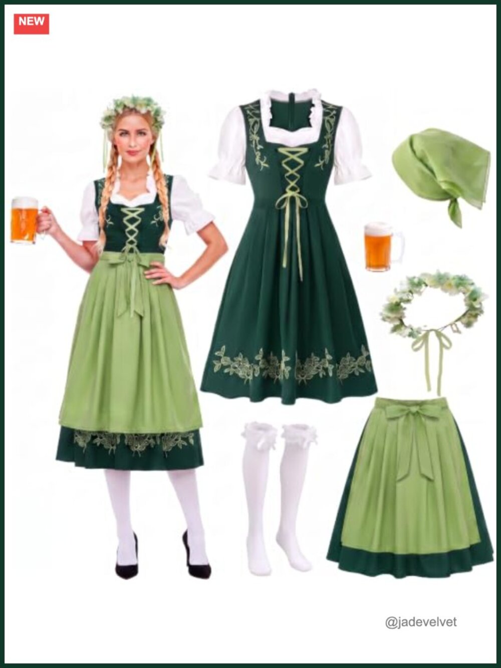 Women's Oktoberfest Dirndl Costume Set with Apron, Head Wreath & Scarf